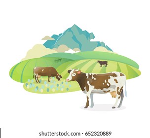 Label illustration with happy cows graze on alpine meadows, on mountain landscape background. Vector sticker illustration. Rural pasture landscape with cows.