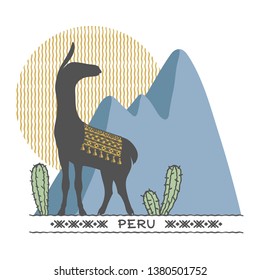 Label illustration of Machu Picchu, Peru with cactuses and lama decorated geometric ethnic Aztec ornament. Flat style design for poster, cards, t-shirt print, cases. Logo template with folk pattern