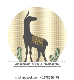Label illustration of Peru with cactuses and lama decorated geometric ethnic Aztec ornament. Flat style design for poster, cards, t-shirt print, cases. Logo template with folk pattern