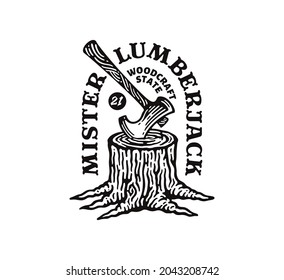 Label illustration of Tree stump with axe in doodle vintage 