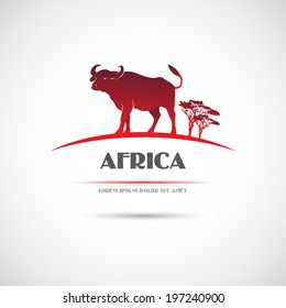 Label with the image of an African buffalo. Vector.