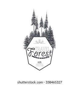 label with a image of a coniferous forest