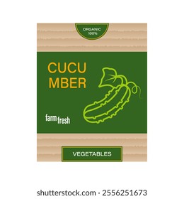 Label with an image of an organic cucumber on a green background.  Design for packaging of natural products for markets and organic farms.