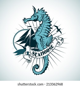 Label with the image of a seahorse. Nautical theme.