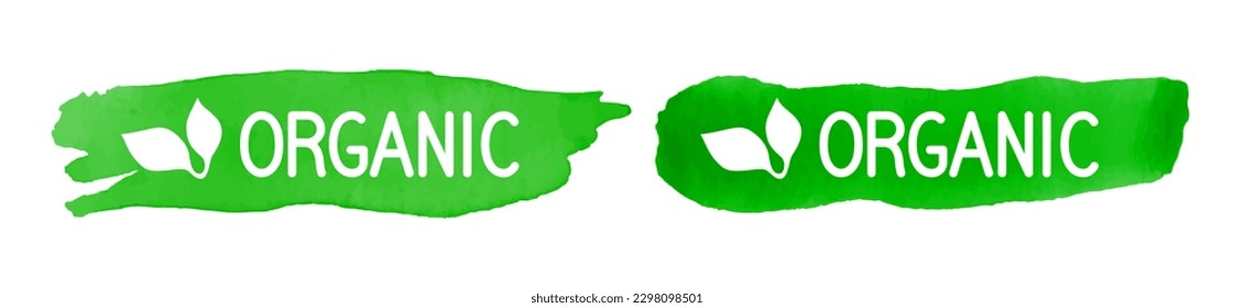 Label with the inscription Organic. Green watercolor Stroke with white lettering. Vector clipart.