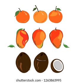 Label kit set. Orange (option with a little leaf), Tangerines or Clementine, Mango and Coconut sets. Vector