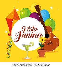 label with kite and guitar decoration to festa junina