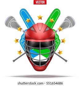 Label of Lacrosse symbol. Sticks and helmet with fan fingers and stars. Sporting Symbol and mascot. Vector Illustration Isolated on background.