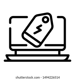 Label and laptop icon. Outline label and laptop vector icon for web design isolated on white background