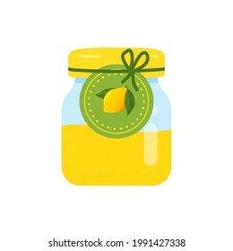 Label with Lemon on a jar of confiture. closeup Glass jar with Lemon jam. Vector illustration isolated on white background.