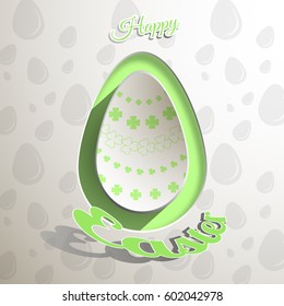 Label of light gray Easter egg with shadow, green floral pattern and text on the gradient background with pattern.