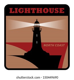 Label with lighthouse silhouette on abstract background, vector illustration