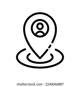 label line icon. Checkmark, marker, user, mark, goal, destination, route, notification, achievement. Geography concept. Vector black line icon on white background