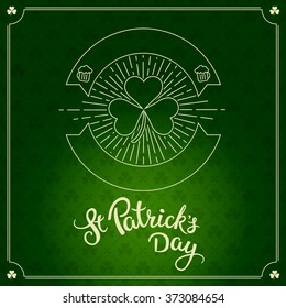 Label in linear style and original lettering St. Patricks Day on a green victorian background.  Illustration for St. Patrick's day  posters, greeting cards, print and web projects.