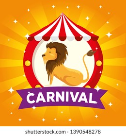 label of lion wild animal in the circus with carnival ribbon