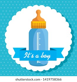 label of little boy feeding bottle with ribbon
