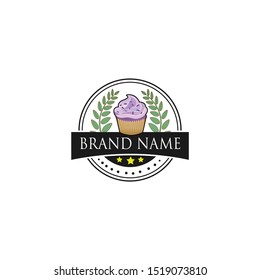 label logo cup cake with leaf vintage vector design