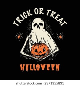 Label logo featuring a scary pumpkin with a skull face for Halloween vector illustration
