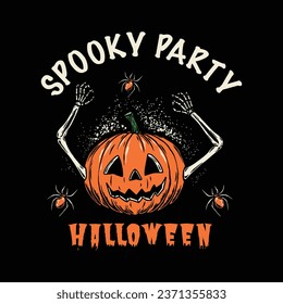 Label logo featuring a scary pumpkin with a skull face for Halloween vector illustration