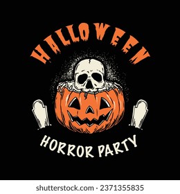 Label logo featuring a scary pumpkin with a skull face for Halloween vector illustration