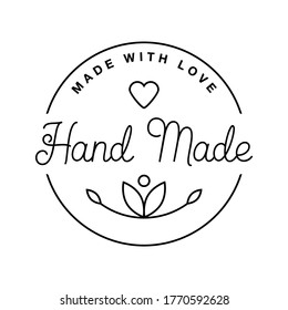Label or logo with lettering hand made. Vector flat illustrations. Modern and stylish badge. Thin line inscription handmade, made with love, craft product on white.