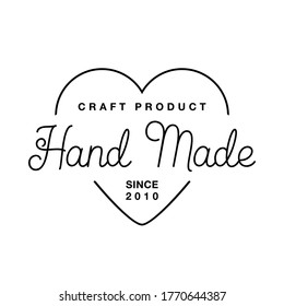 Label or logo with lettering hand made. Vector flat illustrations. Modern and stylish badge. Thin line inscription handmade, made with love, craft product on white.