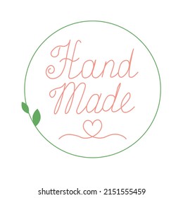 Etiqueta o logotipo con letras hechas a mano. Una delgada inscripción hecha a mano, hecha con amor, producto artesanal sobre blanco. Ilustración de material vectorial. Aislado sobre un fondo blanco.