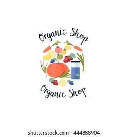 Label, logo or logotype of an organic shop. Vector illustration. Food art. Poster, banner, advertisement, sticker of super food.