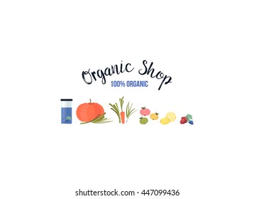 Label, logo or logotype of an organic shop. Vector illustration. Food art. Poster, banner, advertisement, sticker of superfood.
