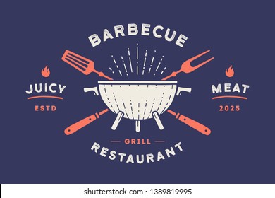 Label or logo for restaurant. Logo with grill, bbq or barbecue, grill fork, text Barbecue, Restaurant, Juicy Meat. Graphic template logo of restaurant, bar, cafe, food court. Vector Illustration