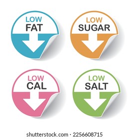 Label Low fat, sugar, salt, cal - vector, icon.