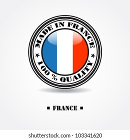 Label "made in france 100% quality" with france flag in rubber stamp