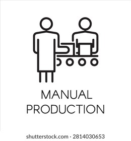Label of manual production. Simple black icon of people working on conveyor at factory concept. Linear pictograph for your design needs. Vector contour label.