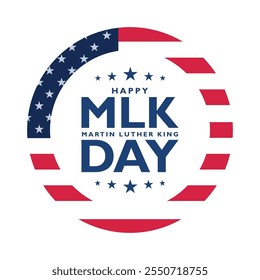 Label of Martin luther king jr. day text in round frame. MLK round label, sticker, emblem, design element of memorial day.