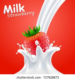 Label milk strawberry art banner. vector illustration