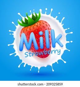 Label milk strawberry, Milk banner splashing, vector illustration