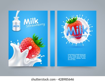 Label milk strawberry cover, Milk banner splashing banner, A4 size paper Vector illustration