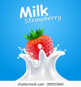 Label milk strawberry. vector illustration