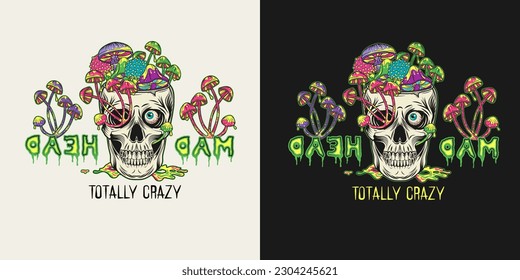 Label with mirrored text, human skull without top like cup, bowl, vase full of fantasy mushrooms. Crazy mad skull with single eye and growing through skull mushrooms, puddle of poisonous liquid