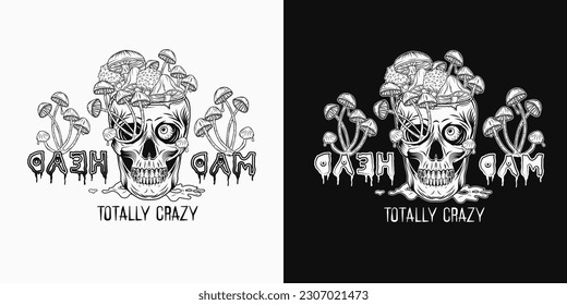 Label with mirrored text, human skull without top like cup, bowl, vase full of fantasy mushrooms. Crazy mad skull with single eye and growing through skull mushrooms, puddle of poisonous liquid