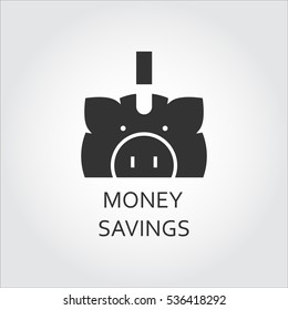 Label of money saving or save as piggy-bank pig. Simple black icon. Logo drawn in flat style. Black shape pictograph for your design needs. Vector contour silhouette on white background.