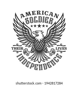 Label monochrome of american soldier with eagle in vintage design