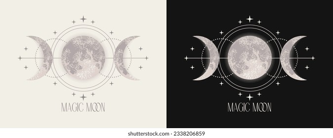 Label with moon, crescent, stars, triple moon sign. Wicca moon goddess symbol. Astrology, alchemy, boho, magic symbol. Mystery concept. Monochrome detailed illustration.