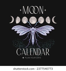 Label with moon phases, night butterfly, moth, stardust, text Moon Calendar. Mystical, surreal concept. Vintage style. Not AI