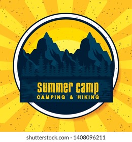 label of mountains with pines trees and ribbon