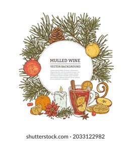 Label for mulled wine with traditional holiday christmas design. New year balls hanging on fir branches, burning candle and beverage ingredients. Vector colorful sketch illustration