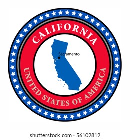 Label with name and map of California, vector illustration