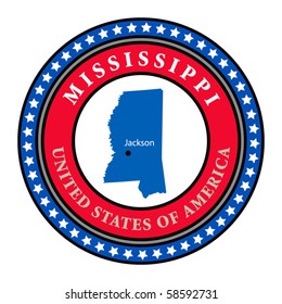 Label with name and map of Mississippi, vector illustration