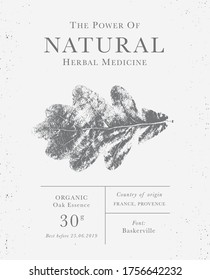 Label of Natural organic herbal products. Oak tree. Vintage packaging design collection for Cosmetics, Pharmacy, healthy food, Indoor plants. Leaves and stems, real herbarium