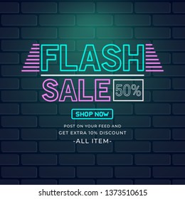 Label Neon Flash Sale, banner design template, discount 50% off, vector illustration